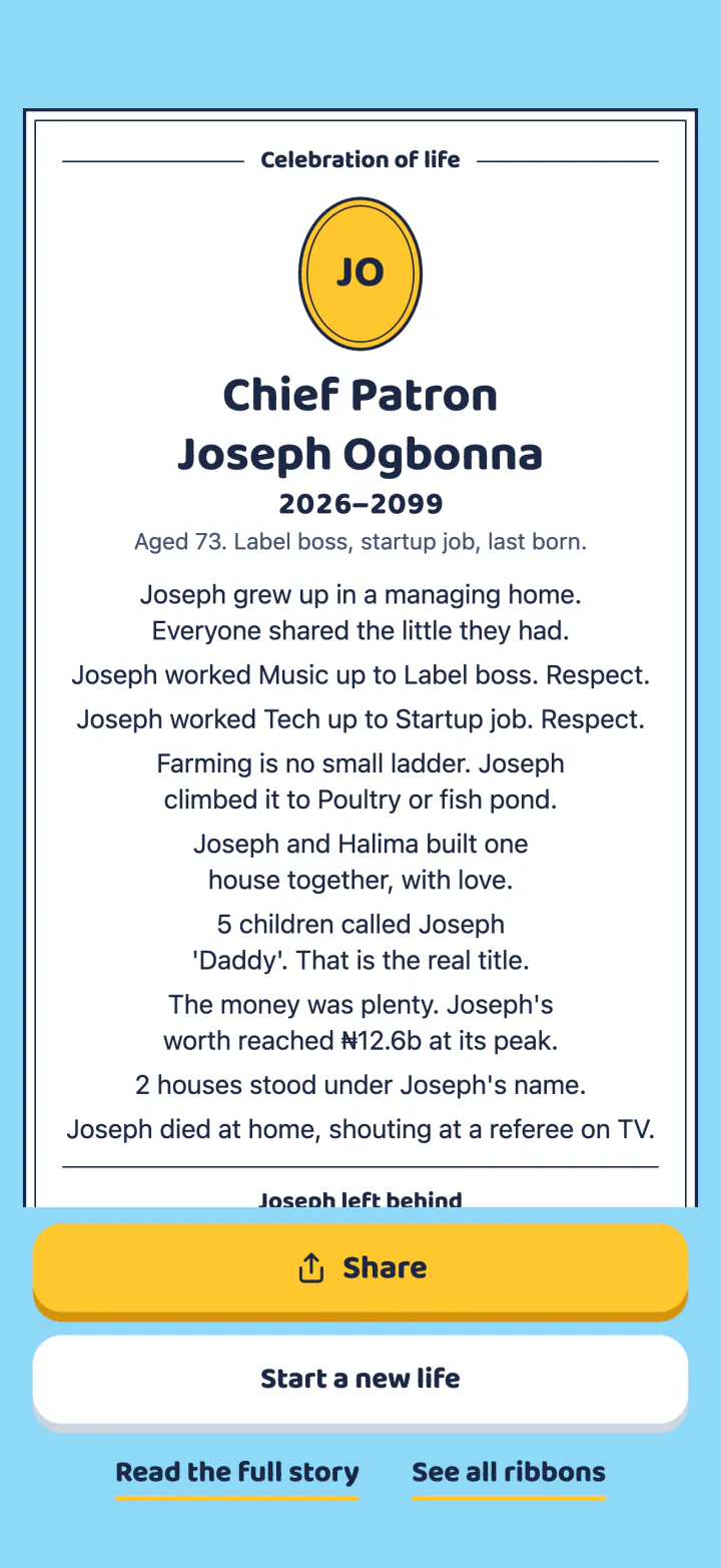 The burial programme of Chief Patron Joseph Ogbonna, 2026 to 2099, aged 73. It tells his careers, his house, his five children and how he died. Below it are the buttons Share and Start a new life.