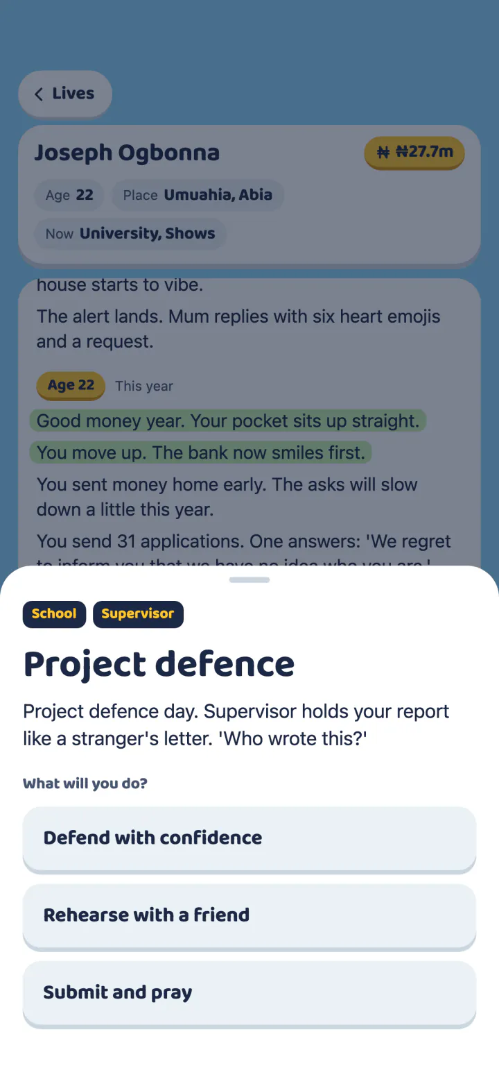 A decision at age 22, with the title Project defence. The supervisor asks who wrote the report. The three answers are: Defend with confidence, Rehearse with a friend, Submit and pray.